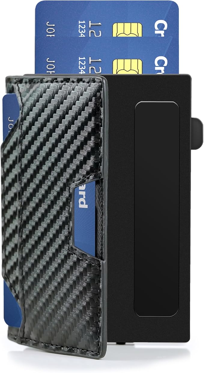 RFID Blocking Slim Wallet for Men w/Metal Pop Up Credit Card Holder & Money Clip, Minimalist Carbon Fiber Bifold Front Pocket Wallet