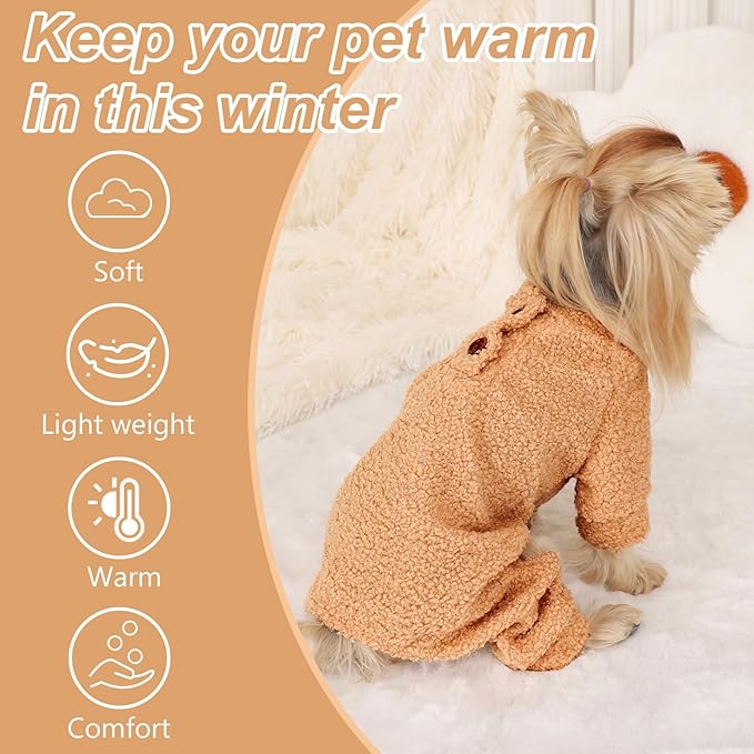 Dog Sweaters for Small Dogs Winter Dog Pajamas Sized Dogs Boy Girl Fleece Pet Clothes Puppy Outfit 4 Legs Jumpsuits for Chihuahua Yorkie Cat Apparel (Khaki, X-Small)