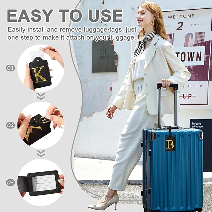 Personalized Initial Luggage Tags for Suitcase TSA Approved, Black Leather Cute Luggage Tag with Privacy Cover Name Card, Embroidered Custom Luggage Tags Travel Backpack Tags Gifts for Women Kids(B)