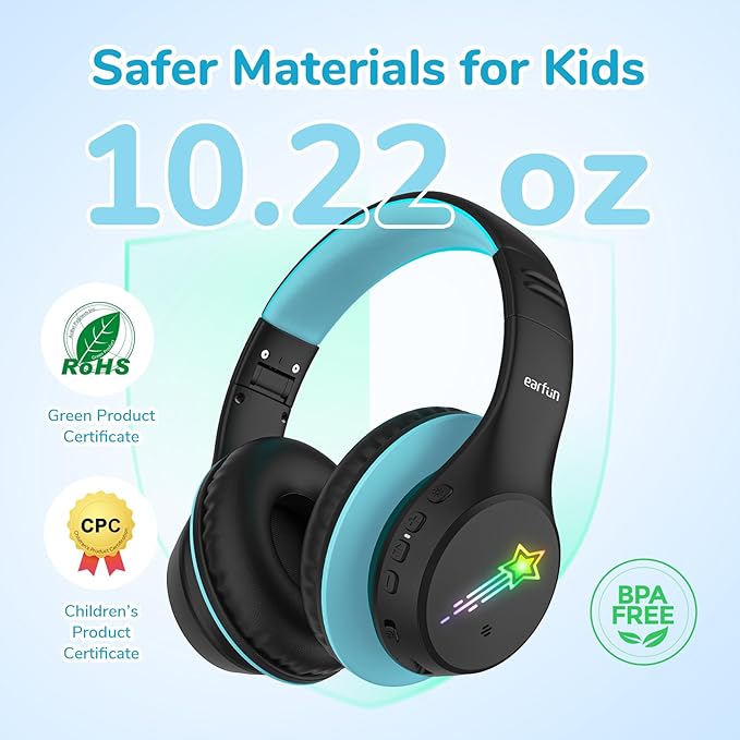 EarFun K4 Kids Bluetooth Headphones, Wireless Headphones with LED Lights, 74/85/94dBA Volume Limited, Built-in Mic, 90H Playtime, Bluetooth 5.4 Over Ear Headphone for iPad/Tablet/School, Dark Black