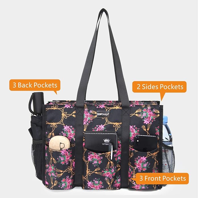 TOPDesign Utility Water Resistant Tote Bag with 13 Pockets, Top Zipper Closure & Thick Bottom Support, for Working Women