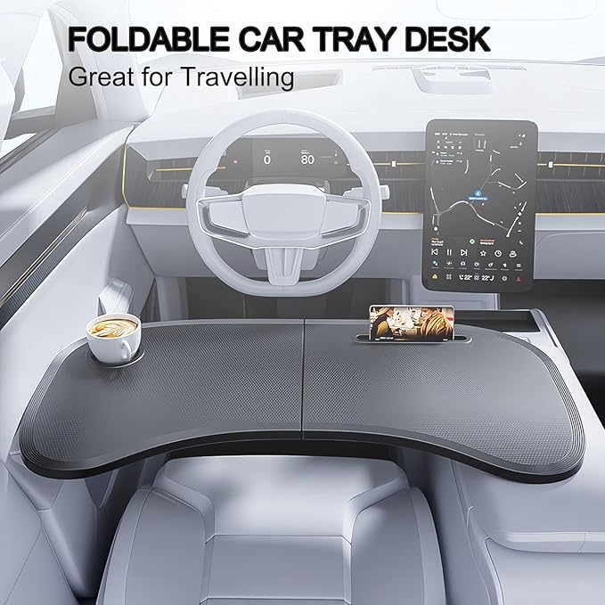 Car Laptop Desk for Tesla Model Y 3, Car Desk Steering Wheel Tray, Foldable Car Table Tray, Foldable Desk Food Tray for Eating and Traveling