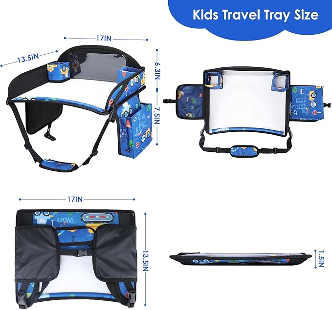 WENRENER 2PCS Kids Travel Tray for Airplane - Toddler Car Seat Table Tray, Road Trip Essentials for Boys & Girls, Carseat Lap Desk for Kids Road Trip Activities (Dark Blue Car/Purple Mermaid)