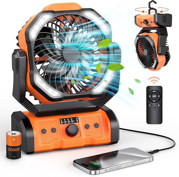 Portable Rechargeable Camping Fan - 20000mAh Cordless Battery Powered Tent Fans with LED Lantern, Remote Auto Oscillating USB C Table Operated Ventilador for Travel Outdoor Beach