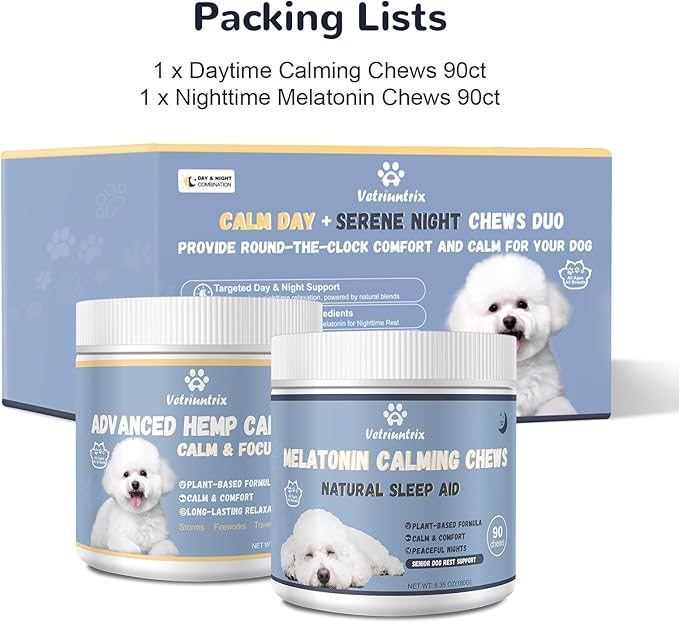 Calming Chews with Melatonin Set, Dog Calming Chews to Help Sleep and Reduce Stress, Dog Anxiety Relief Soft Chews for Fireworks, Storms, Thunder, Barking, Separation, Emotional Support