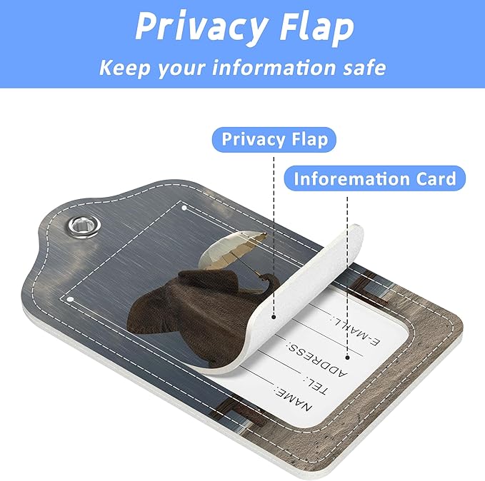 Elephant and Dog Sit Under The Rain Luggage Tags 2PCS PU Leather Suitcases Tag with Stainless Steel Loop and Privacy Name Address Cover Label Card for Women Men Travel