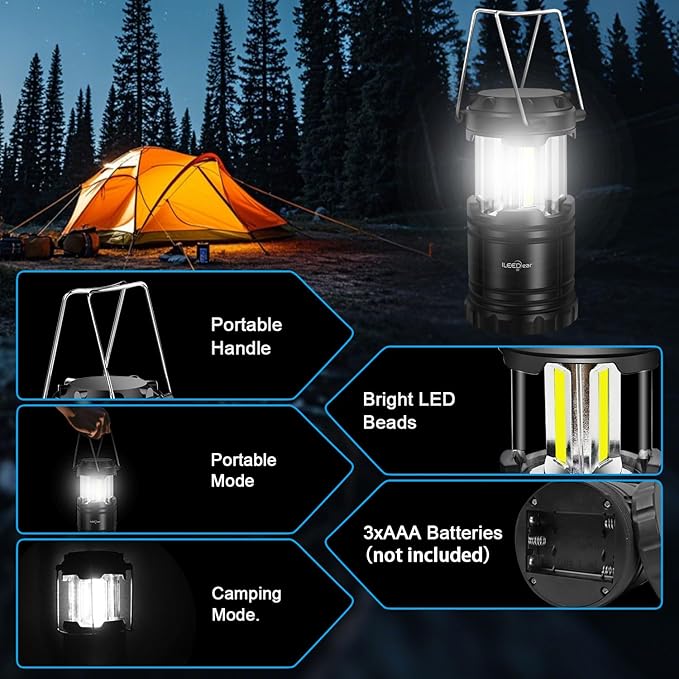 LED Camping Lantern, Battery Operated Lights, Adjustable Brightness for Camping, Power Outages, Emergencies, Outdoor Collapsible Lanterns, 4 Pack