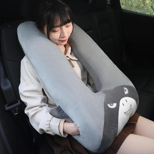 Kids Travel Pillow for Car Seat with Hand Muff, Cartoon Neck & Headrest Seat Belt Pillow for Car Road Trips Long-Distance Travel Sleeping Pillow for Adults and Children, Shark