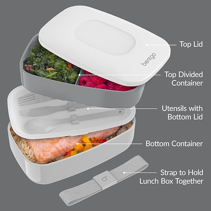 Bentgo Classic - Adult Bento Box, Stackable 3-Compartment Lunch Box with Removable Utensil Set and Sealing Strap, BPA-Free, Food Container Ideal for Meal Prep, Work, and On the Go (Gray)