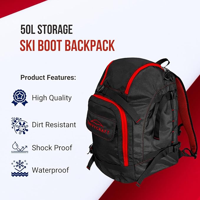 Savvycraft Ski Boot Bag Snowboard Boot Bag, 50L Ski Backpack for Ski and Snowboard Boots, Helmets, Gloves, and Accessories, Lightweight, Durable, Convenient, Red