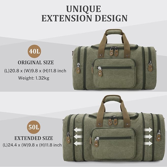 Gonex Canvas Duffle Bag for Travel 50L Duffel Overnight Weekender Bag (Army Green)