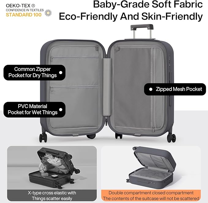 mixi Checked Luggage with Cup Phone Holder Hard Shell Rolling Travel Suitcase with Spinner Wheels,26 Inch Rock Grey