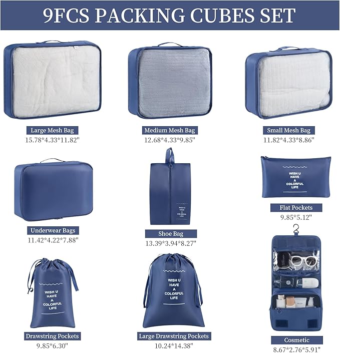 Packing Cubes Storage Bags 9 Pieces-Luggage Organizers Classify Store Clothing Efficiently for Travel Outdoor Home (Navy Blue, 9 Pieces)