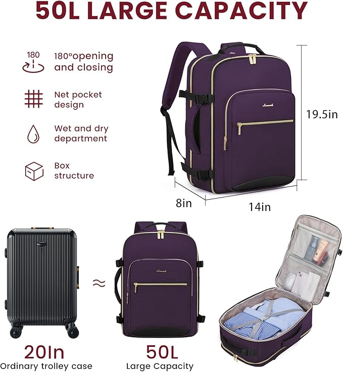 LOVEVOOK 50L Large Travel Backpack for Women Men Fits 17 Inch Laptop, Carry on Backpack for Traveling on Airplane, Personal Item Bag Airline Approved, Business Causal Weekender Backpacks