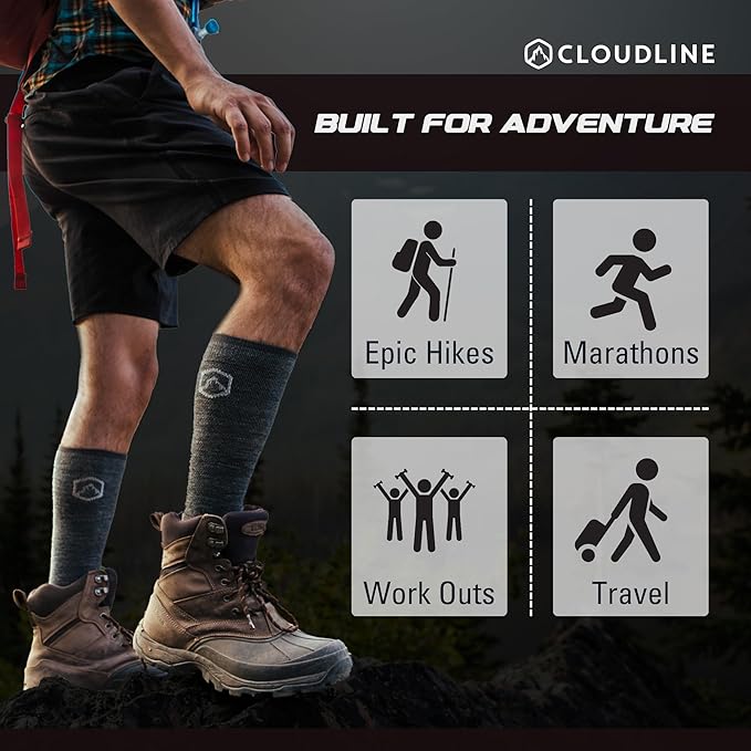 CloudLine - Merino Wool Graduated Compression Socks for Men and Women - Ultralight, Moisture Wicking, Made in USA - 1 Pair