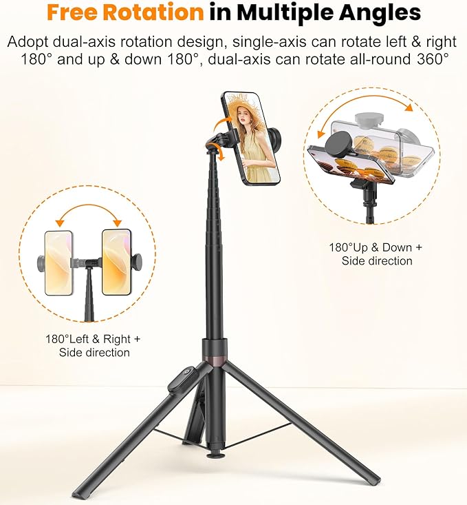 TONEOF 70" Automatic Phone Tripod with Magnetic Rechargable Remote,Selfie Stick 360° Vertical & Horizontal Rotatable,Stable for iPhone/Android(Black)