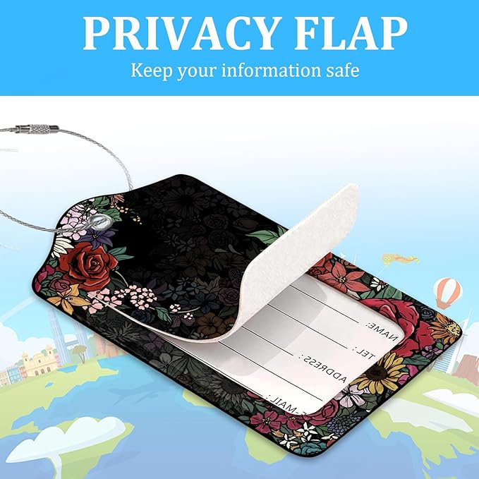 2 Pack Luggage Tag for Suitcase,Skull Flowers Luggage Tag with PU Leather Privacy Cover ID Label & Stainless Steel Loop for Women Men Travel Bag Suitcase