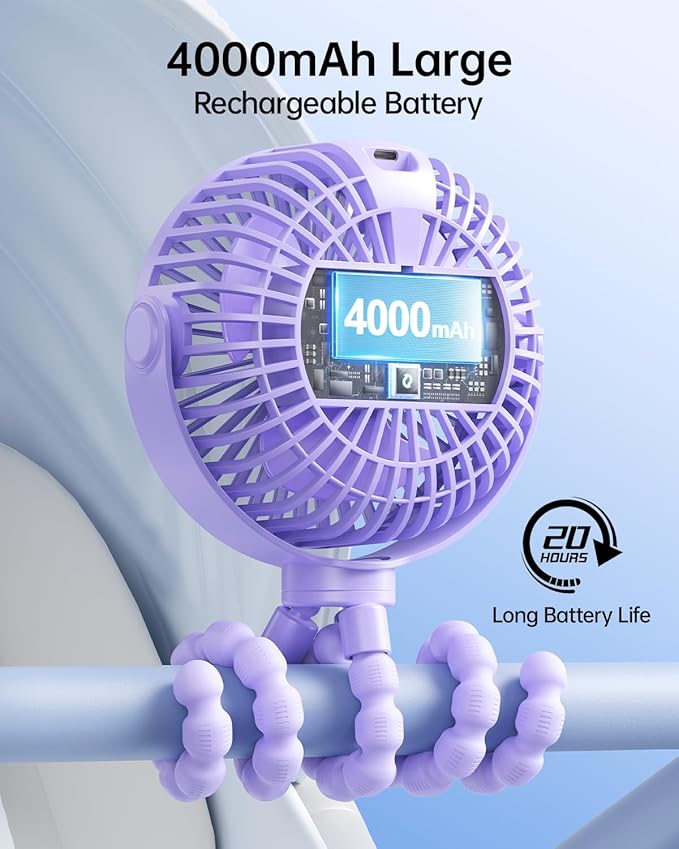 SWEETFULL Portable Stroller Fan with Display 4000mAh Battery Powered Mini Clip On Fan, 4-Speed Rechargeable Small Personal Cooling for Baby Car Seat Crib Travel - Purple