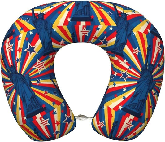 Neck Travel Pillow, Breathable Memory Foam Chin & Head Support Cushion Statue of Liberty USA Patriotic American Flag Stars and Stripes for Airplane Car Sleeping Rest