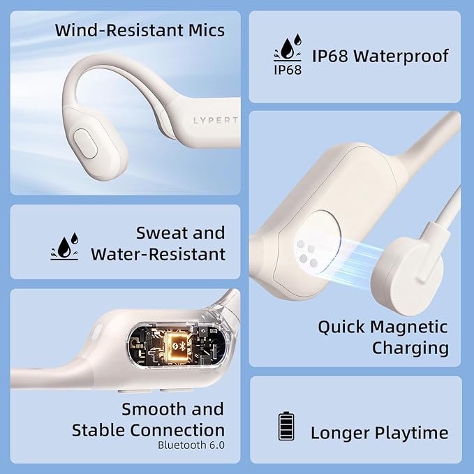 LYPERTEK Bone Conduction Bluetooth Headphones,Open Ear Wireless Bluetooth Sport Headphones,32GB MP3 Player Workout Earphones for Running, IP68 Waterproof Underwater Earbud for Swimming, S30-Beige