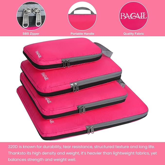 BAGAIL 4 Set/6 Set/8 Set Compression Packing Cubes Travel Accessories Expandable Packing Organizers (Cloth Pattern, 4-Fuchsia)