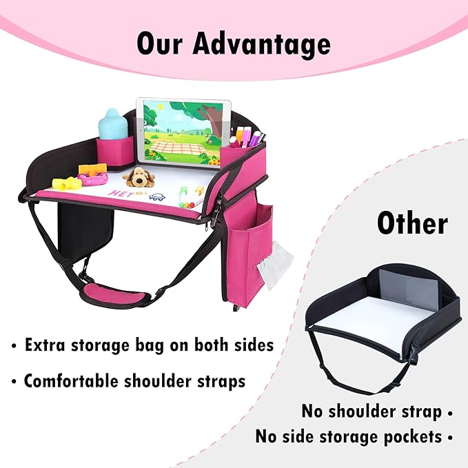 WENRENER Kids Travel Tray for Airplane - Toddler Car Seat Table Tray, Road Trip Essentials for Boys & Girls, Carseat Lap Desk for Kids Road Trip Activities (Pink)