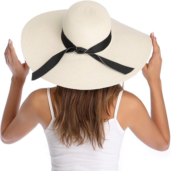 Lanzom Womens Wide Brim Straw Hat Big Floppy Foldable Roll up Cap Beach Sun Hat UPF 50+