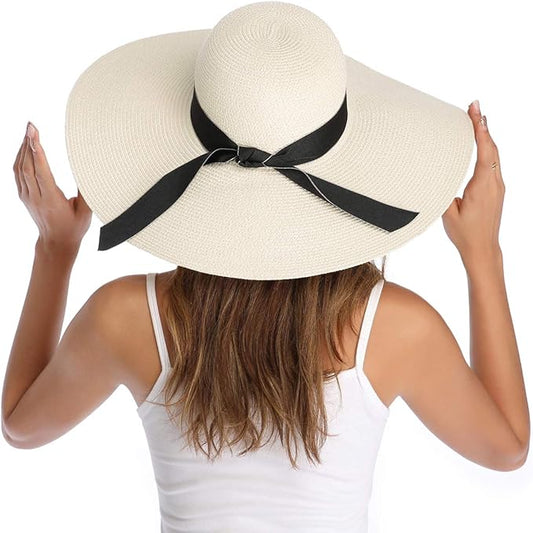 Lanzom Womens Wide Brim Straw Hat Big Floppy Foldable Roll up Cap Beach Sun Hat UPF 50+