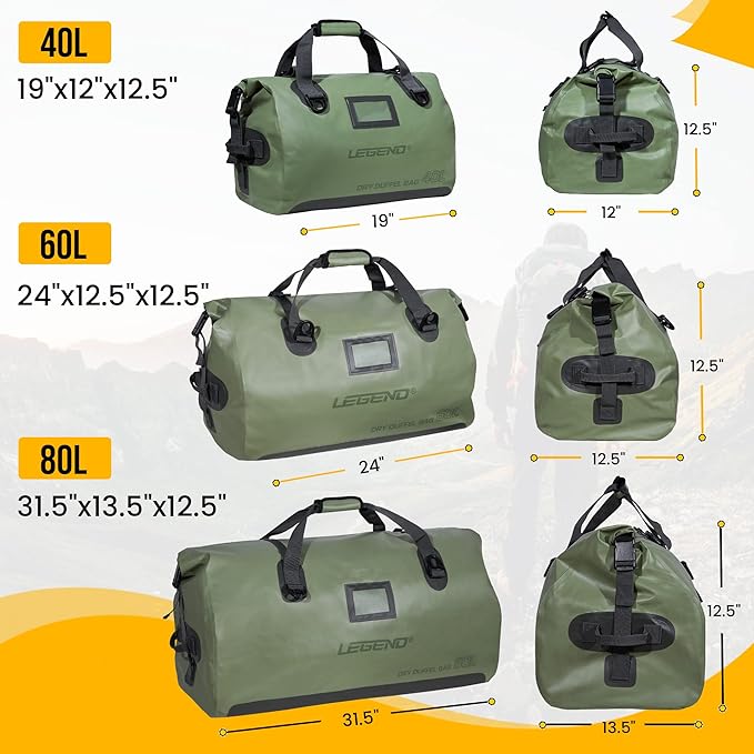 LEGEND Waterproof Duffel Bag - Heavy Duty Duffle Bag for Outdoor, Camping, Boating & Travel, Premium PVC Dry Duffel Bag, Motorcycle Dry Bag with Durable Strap & Handles with Large Storage - 40L Green
