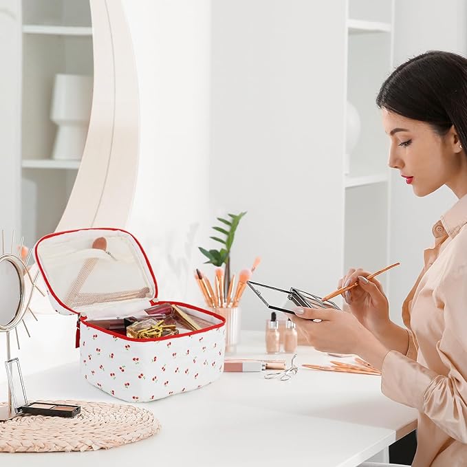 Prite Large Makeup Bag for Women Quilted Floral Cotton Cosmetic Bag Cute Coquette Aesthetic Floral Travel Toiletry Bag (Red Berries)