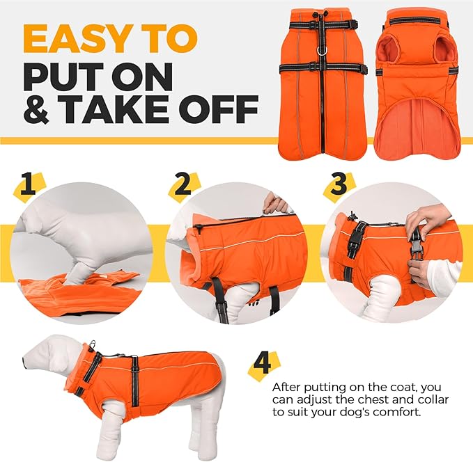 Lelepet Dog Winter Coat Waterproof Dog Jacket with Harness Built in Windproof Reflective Pet Coats for Small Medium Large Dogs, Thermal Fleece Lined Coats for Cold Weather Walking Hiking, Orange, L