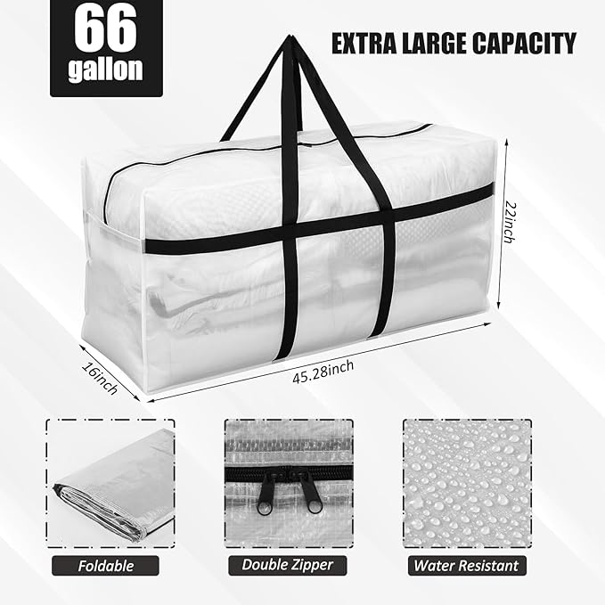 4 Pcs 66 Gallon Large Moving Bags with Zipper and Handles Foldable Storage Duffle Bags Heavy Duty Extra Large Totes for College Dorm Travel Clothes Blankets Bedding Moving (Clear)
