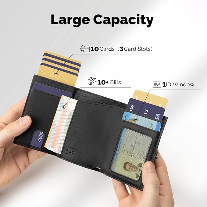 YESIIW Slim Wallet for Men Pop Up Card Holder: Aluminum Case, Premium Leather, Smart, RFID Blocking, Minimalist, Front Pocket - 9-11 Card Capacity | ID Window | Cash Slot (Black)