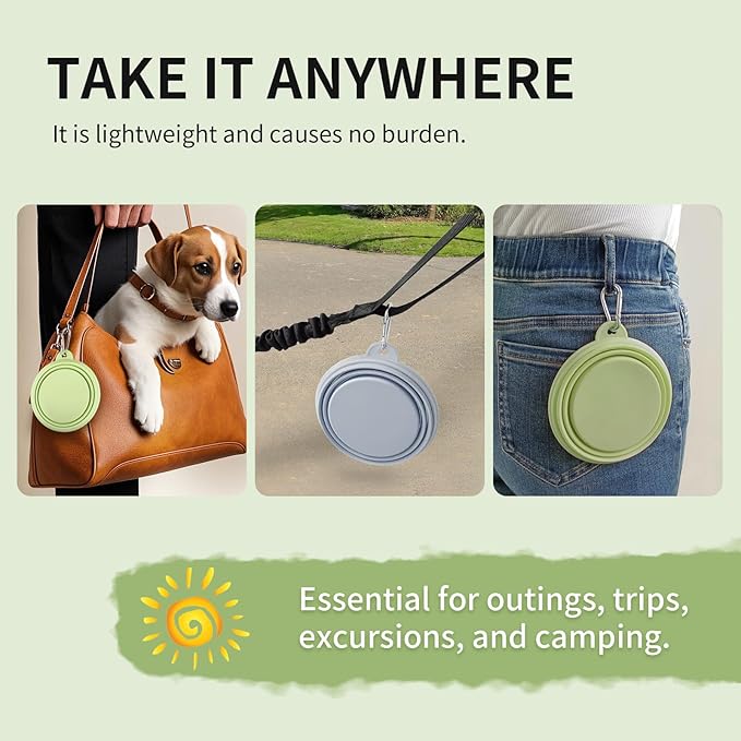 Collapsible Dog Bowls 2-Pack, Portable Travel Dog Bowl with Carabiner, Food-Grade Silicone Pet Bowl for Hiking, Walking (Macaron Blue and Green)