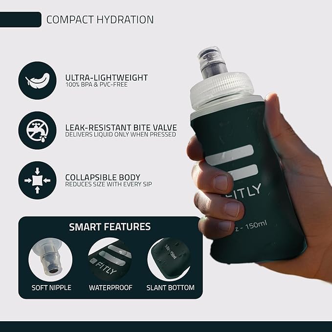 FITLY Soft Flask - Shrink As You Drink Soft Water Bottle for Hydration Pack - Folding Water Bottle Ideal for Running, Hiking, Cycling, Climbing & Rigorous Activity