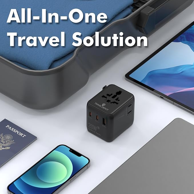 Universal Travel Adapter w/USB Ports, GaN All in One Worldwide Plug Adapter, International Power Converter for All Devices, Wall Charger AC Power Type C Charging Ports for USA EU UK AUS