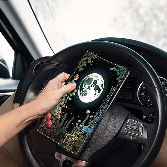 Car Registration and Insurance Holder, Leather Car Glove Box Organizer, Cool Car Accessories for ID, Driver's License Cards & Essential Document,Men&Women,business cards,Grass Flowers Moon Star