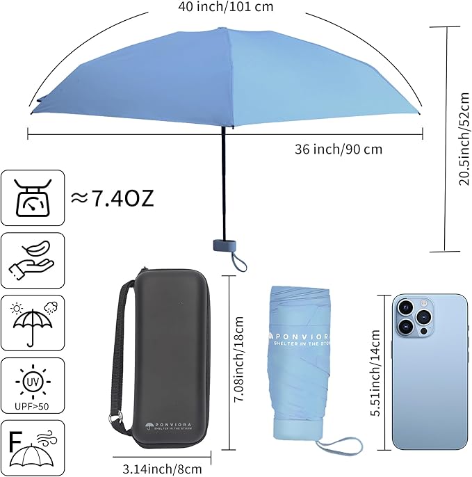 Compact Mini Windproof Travel Umbrella-UPF 50+ Sun & Rain Protection, Small Folding Design Fits in Pocket or Purse, Lightweight Portable with Case for Women, Men & Kids
