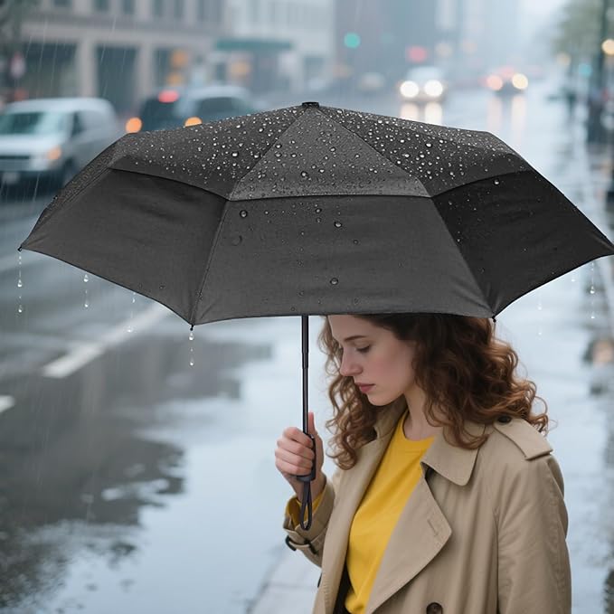 PTEROMY Windproof Compact Travel Umbrellas for Rain and Sun, Withstands 85MPH Winds Auto Open Close Folding Umbrella with Ergonomic Handle, Quick Dry Canopy for Commuting or Backpack