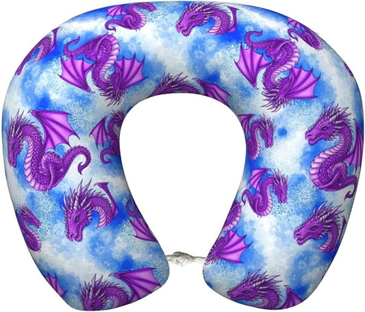 Breathable Neck Pillow for Sleeping Rest Nap Purple Dragon Art, Airplanes/Car/Home Memory Foam Travel Cushion with Polyester Cover Washable for Women Men