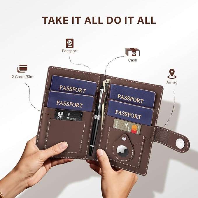 ALLIVE Family Passport Holder, RFID Blocking Passport Wallet with AirTag holder, Genuine Leather Travel Document Organizer for Women & Men, Airport Essentials, Travel Gift (Coffee Brown)