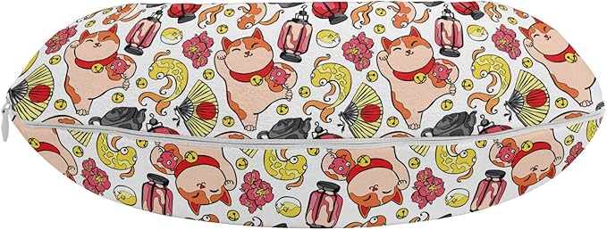 Ambesonne Japanese Cat Travel Pillow Neck Rest, Lucky Cat Holding Koi Fish Paw Far East Illustration, Memory Foam Traveling Accessory for Airplane and Car, 12", Vermilion Champagne