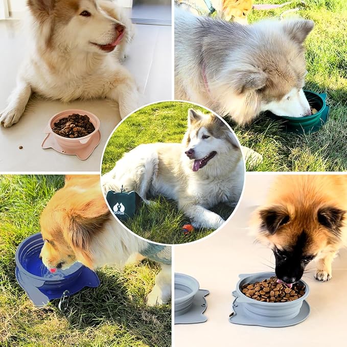 RUNROLE 2-in-1 Collapsible Silicone Dog Travel Bowls, Slot Together and Use Separately, Portable Pet Food Water Bowls, Foldable Cat Feeding Watering Dishes, 20OZ+27OZ(Blush Pink)