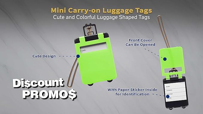 10 Mini Carry-on Luggage Tags Pack - Flip open cover, ID Sticker - Lime Green