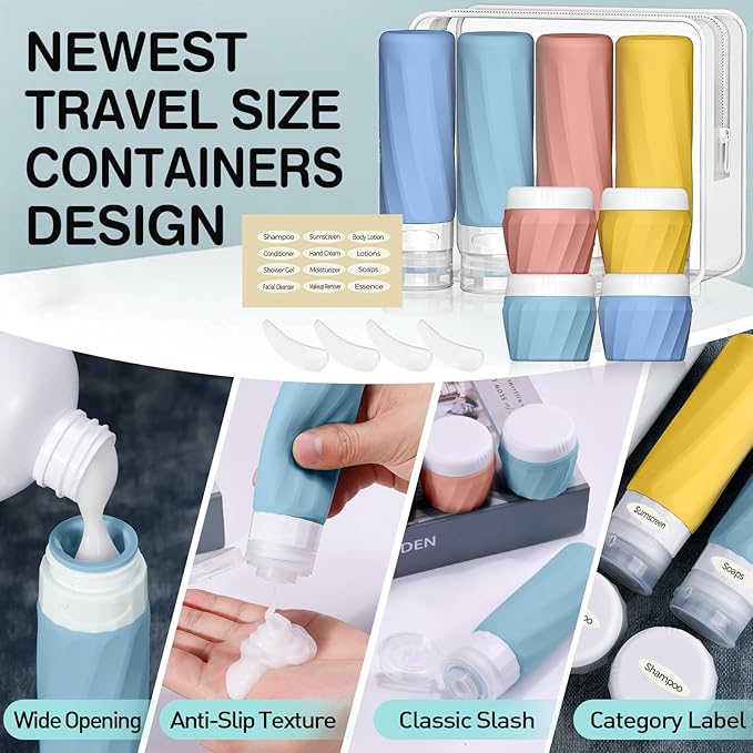14pack Travel Bottles for Toiletries, TSA Approved Travel Size Toiletries Containers Set, Premium Silicone Leak Proof Refillable Bottles & Creams Jars Accessories Kit W/Clear Bag (Bright)