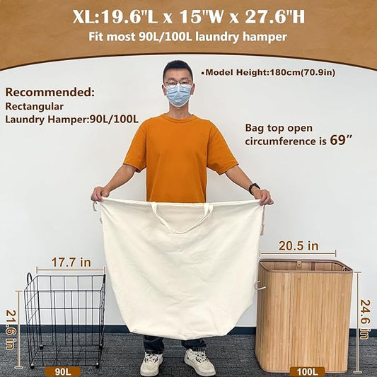 Canvas Laundry Bags with Handles & Rectangular Base, 90L Extra Large Heavy Duty Laundry Basket Hamper Liner Replacement, Washable Cotton Drawstring Dirty Clothes Bag
