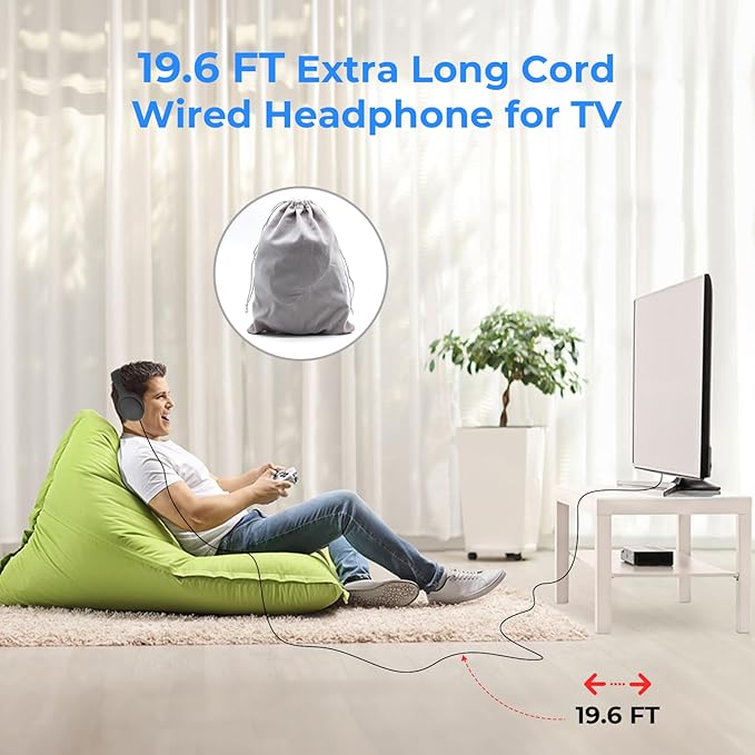 Long Cord Wired Headphones for tv with Volume Control, Over Ear Headphone tv Watching for Seniors with Extra Long Cord, Universal 3.5mm AUX Audio(19.6FT)