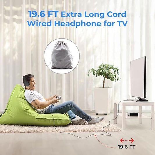 Long Cord Wired Headphones for tv with Volume Control, Over Ear Headphone tv Watching for Seniors with Extra Long Cord, Universal 3.5mm AUX Audio(19.6FT)