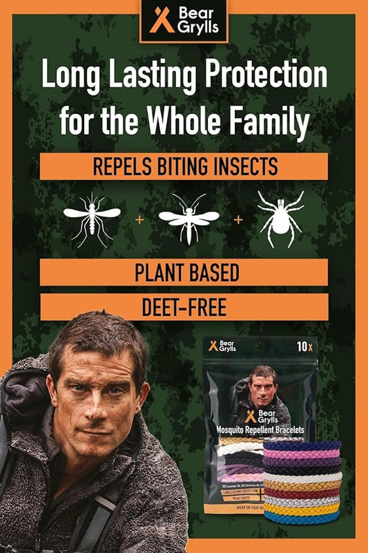 Bear Grylls Mosquito Repellent Bracelets | Crafted for Adventure | Adjustable Leather | DEET-Free | Long-Lasting Protection | Pack of 10