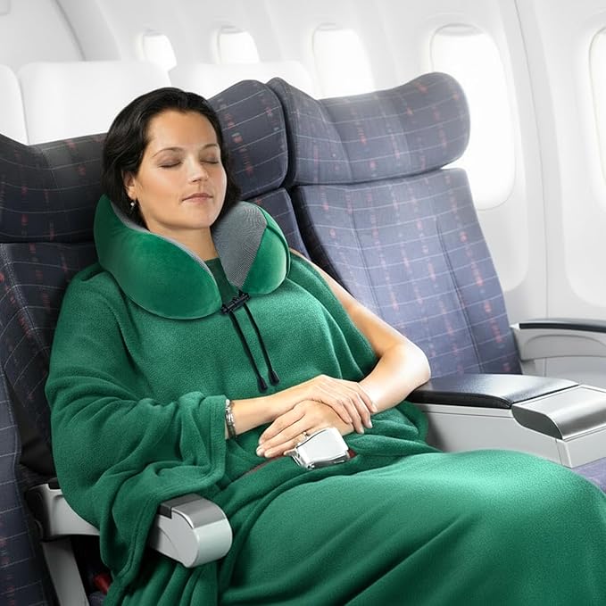 Travel Pillow and Blanket Set Neck Pillows Travel Essentials with Sleep Mask for Airplane Car Memory Foam Green